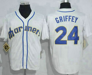 Men's Seattle Mariners #24 Ken Griffey White Throwback Mitchell And Ness Stitched MLB Jersey
