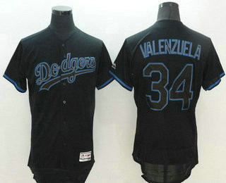 Men's Los Angeles Dodgers #34 Fernando Valenzuela Retired Lights Out Black Fashion Stitched MLB 2016 Majestic Flex Base Jersey