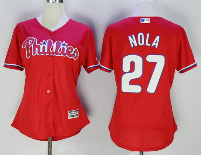 Women's Philadelphia Phillies #27 Aaron Nola Red Stitched MLB Majestic Cool Base Jersey