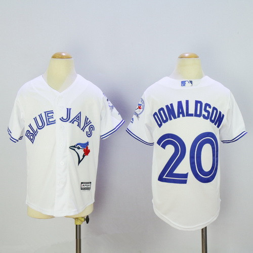 Youth Toronto Blue Jays #20 Josh Donaldson White 40th Anniversary Patch Stitched MLB Majestic Cool Base Jersey