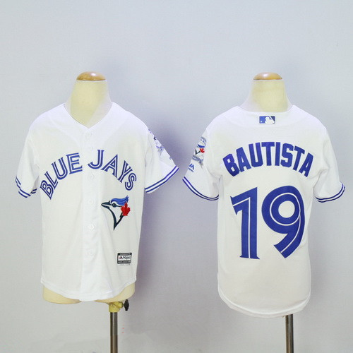 Youth Toronto Blue Jays #19 Jose Bautista White 40th Anniversary Patch Stitched MLB Majestic Cool Base Jersey