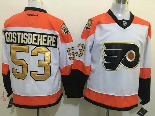 Men's Philadelphia Flyers #53 Shayne Gostisbehere White 50th Anniversary Gold Stitched NHL Reebok Hockey Jersey
