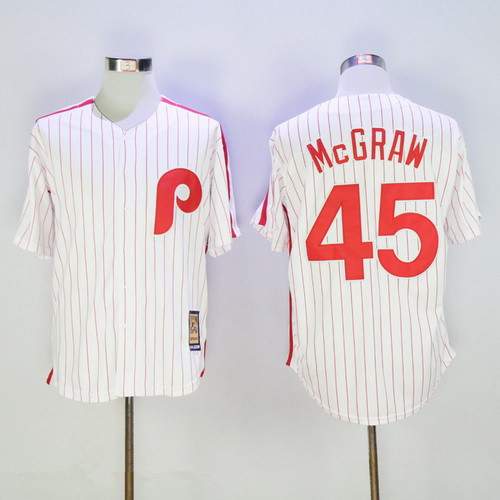 Men's Philadelphia Phillies #45 Tug McGraw White Pinstripe Majestic Cool Base Cooperstown Collection Jersey