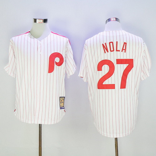 Men's Philadelphia Phillies #27 Aaron Nola White Pinstripe Majestic Cool Base Cooperstown Collection Jersey