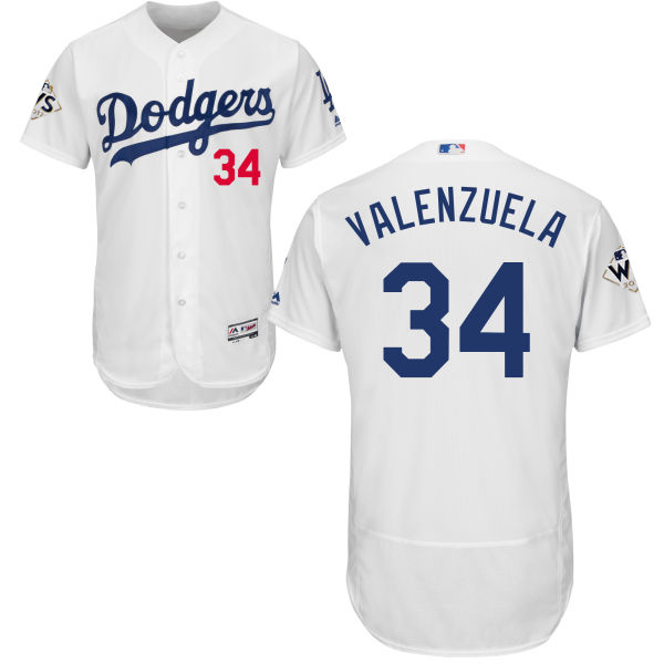 Men's Los Angeles Dodgers #34 Fernando Valenzuela White Flexbase Authentic Collection 2017 World Series Bound Stitched MLB Jersey