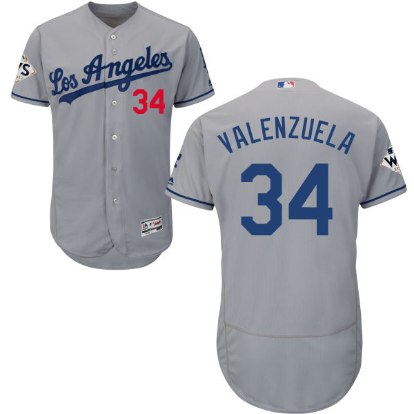 Men's Los Angeles Dodgers #34 Fernando Valenzuela Grey Flexbase Authentic Collection 2017 World Series Bound Stitched MLB Jersey