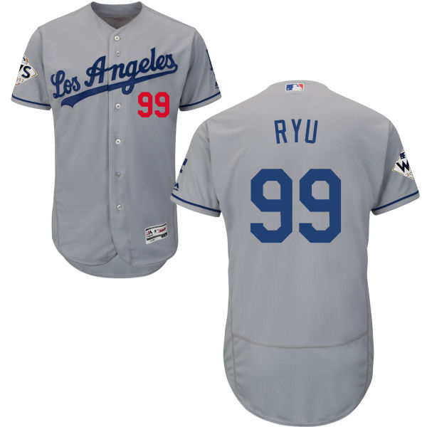 Men's Los Angeles Dodgers #99 Hyun-Jin Ryu Grey Flexbase Authentic Collection 2017 World Series Bound Stitched MLB Jersey