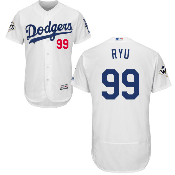 Men's Los Angeles Dodgers #99 Hyun-Jin Ryu White Flexbase Authentic Collection 2017 World Series Bound Stitched MLB Jersey