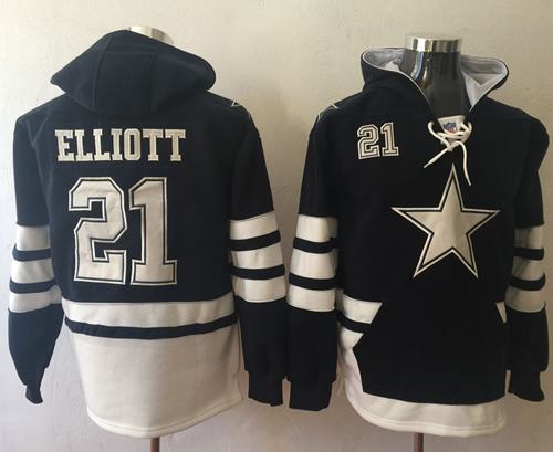 Nike Cowboys #21 Ezekiel Elliott Navy Blue White Name & Number Pullover NFL Hoodie