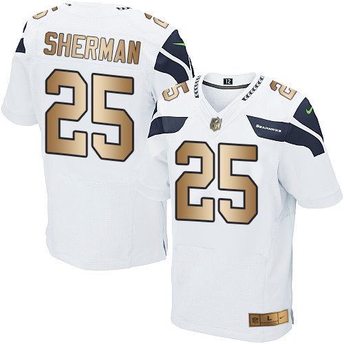 Nike Seahawks #25 Richard Sherman White Men's Stitched NFL Elite Gold Jersey