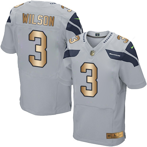 Nike Seahawks #3 Russell Wilson Grey Alternate Men's Stitched NFL Elite Gold Jersey
