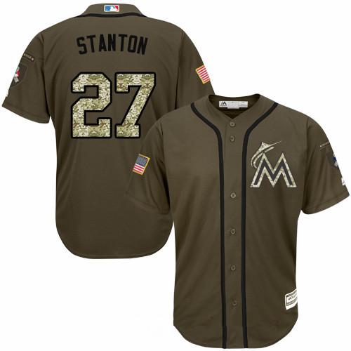 Men's Miami Marlins #27 Giancarlo Stanton Green Salute To Service Stitched MLB Majestic Cool Base Jersey