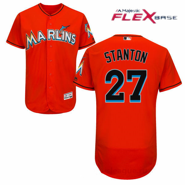 Men's Miami Marlins #27 Giancarlo Stanton Orange Stitched MLB Majestic Flex Base Jersey