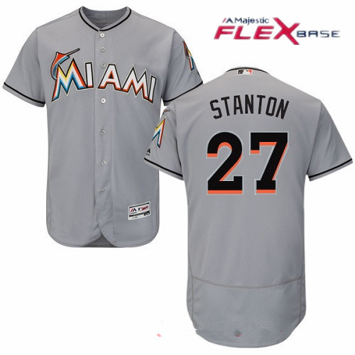 Men's Miami Marlins #27 Giancarlo Stanton Gray Road Stitched MLB Majestic Flex Base Jersey