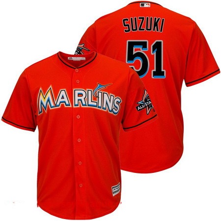 Men's Miami Marlins #51 Ichiro Suzuki Orange 2017 All-Star Patch Stitched MLB Majestic Cool Base Jersey