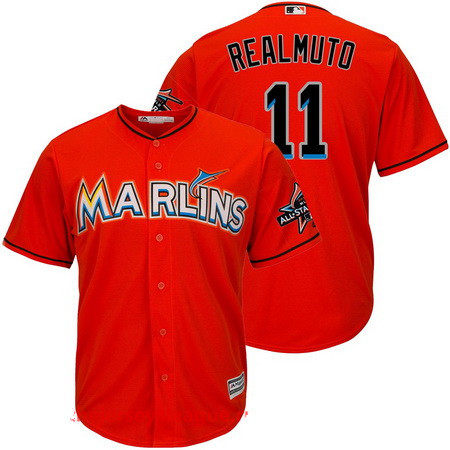 Men's Miami Marlins #11 J.T. Realmuto Orange 2017 All-Star Patch Stitched MLB Majestic Cool Base Jersey