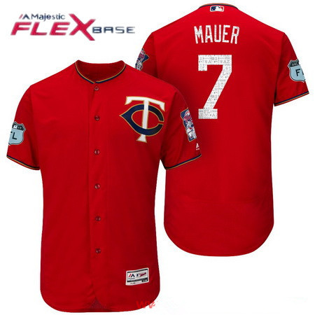 Men's Minnesota Twins #7 Joe Mauer Red 2017 Spring Training Stitched MLB Majestic Flex Base Jersey