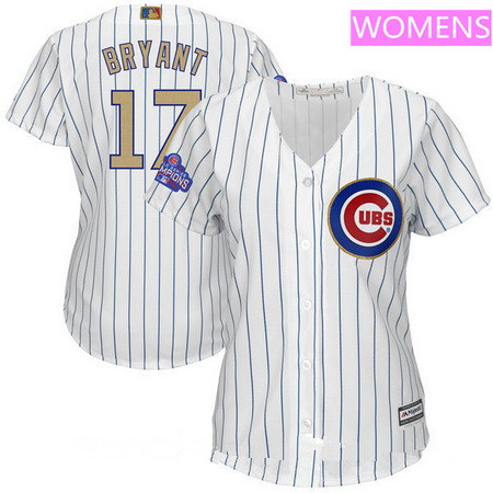 Women's Chicago Cubs #17 Kris Bryant White World Series Champions Gold Stitched MLB Majestic 2017 Cool Base Jersey