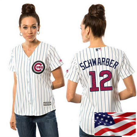 Women's Chicago Cubs #12 Kyle Schwarber White Stars & Stripes Fashion Independence Day Stitched MLB Majestic Cool Base Jersey
