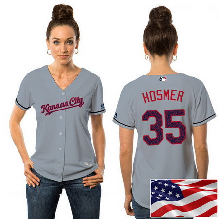 Women's Kansas City Royals #35 Eric Hosmer Gray Stars & Stripes Fashion Independence Day Stitched MLB Majestic Cool Base Jersey