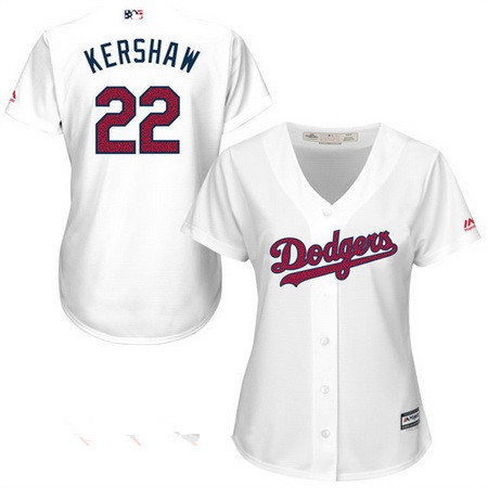 Women's Los Angeles Dodgers #22 Clayton Kershaw White Stars & Stripes Fashion Independence Day Stitched MLB Majestic Cool Base Jersey