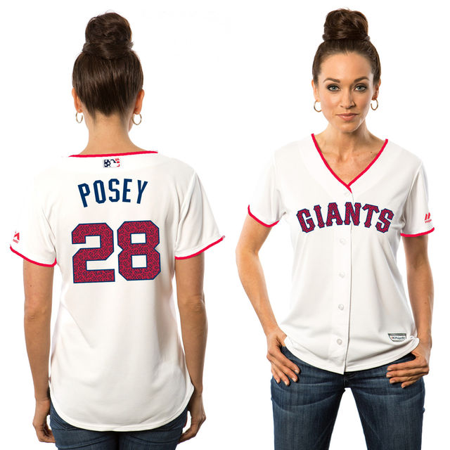 Women's San Francisco Giants #28 Buster Posey White Stars & Stripes Fashion Independence Day Stitched MLB Majestic Cool Base Jersey