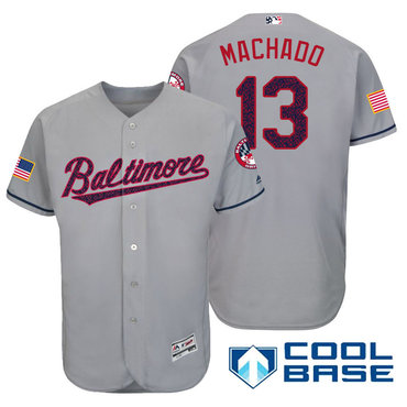 Men's Baltimore Orioles #13 Manny Machado Gray Stars & Stripes Fashion Independence Day Stitched MLB Majestic Cool Base Jersey