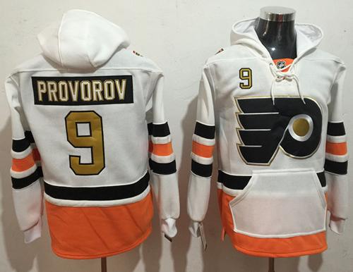 Men's Philadelphia Flyers #9 Ivan Provorov White with Gold 50th Patch Stitched NHL Old Tim Hockey Hoodie