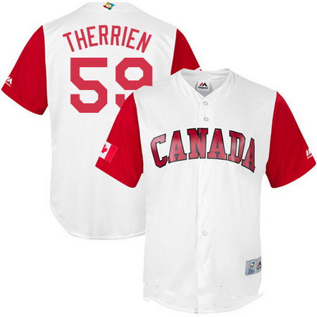 Men's Team Canada Baseball Majestic #59 Jessen Therrien White 2017 World Baseball Classic Stitched Replica Jersey