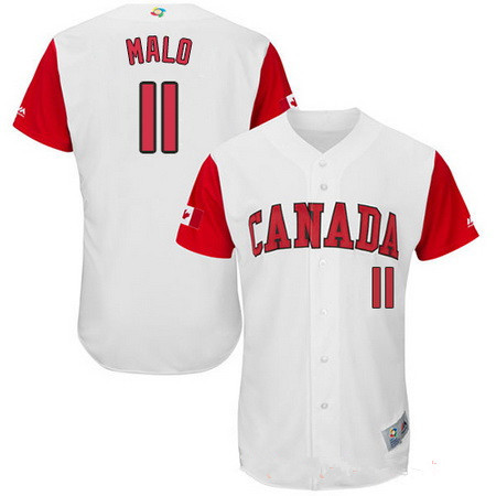 Men's Team Canada Baseball Majestic #11 Jonathan Malo White 2017 World Baseball Classic Stitched Authentic Jersey