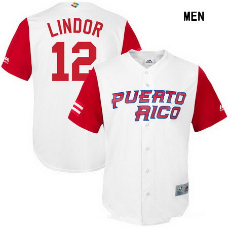 Men's Puerto Rico Baseball #12 Francisco Lindor Majestic White 2017 World Baseball Classic Stitched Replica Jersey