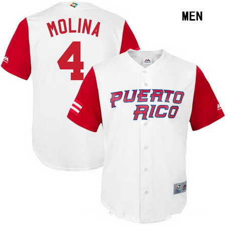 Men's Puerto Rico Baseball #4 Yadier Molina Majestic White 2017 World Baseball Classic Stitched Replica Jersey