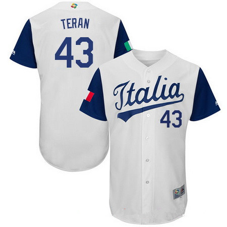 Men's Team Italy Baseball Majestic #43 Carlos Teran White 2017 World Baseball Classic Stitched Authentic Jersey