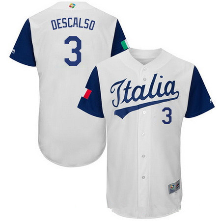 Men's Team Italy Baseball Majestic #3 Daniel Descalso White 2017 World Baseball Classic Stitched Authentic Jersey