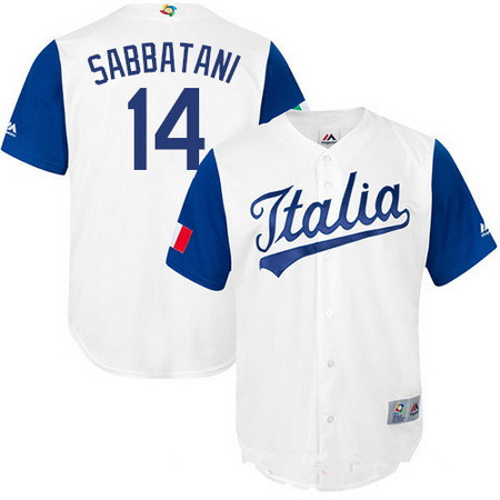 Men's Team Italy Baseball Majestic #14 Marco Sabbatani White 2017 World Baseball Classic Stitched Replica Jersey