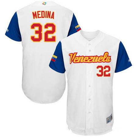 Men's Team Venezuela Baseball Majestic #32 Jhondaniel Medina White 2017 World Baseball Classic Stitched Authentic Jersey