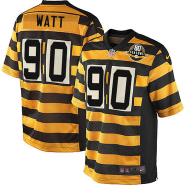 Men's 2017 NFL Draft Pittsburgh Steelers #90 T. J. Watt Yellow With Black Bumblebee 80th Patch Stitched NFL Nike Elite Jersey