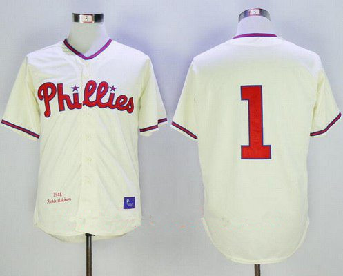 Men's Philadelphia Phillies #1 Chuck Klein 1948 Cream Throwback Stitched MLB Cooperstown Collection Jersey By Mitchell & Ness