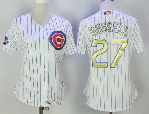 Women's Chicago Cubs #27 Addison Russell White World Series Champions Gold Stitched MLB Majestic 2017 Cool Base Jersey