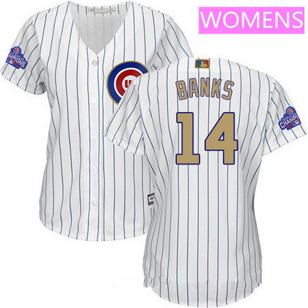 Women's Chicago Cubs #14 Ernie Banks White World Series Champions Gold Stitched MLB Majestic 2017 Cool Base Jersey