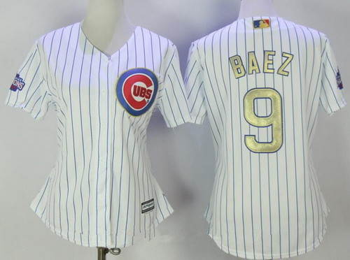 Women's Chicago Cubs #9 Javier Baez White World Series Champions Gold Stitched MLB Majestic 2017 Cool Base Jersey