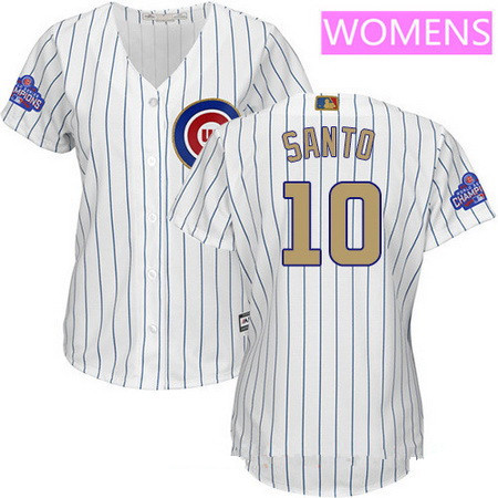 Women's Chicago Cubs #10 Ron Santo White World Series Champions Gold Stitched MLB Majestic 2017 Cool Base Jersey