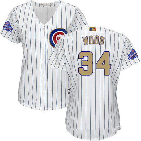 Women's Chicago Cubs #34 Kerry Wood White World Series Champions Gold Stitched MLB Majestic 2017 Cool Base Jersey
