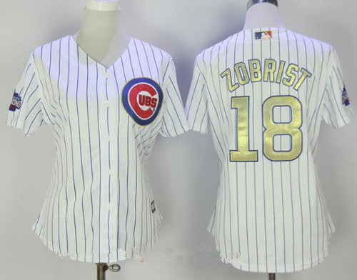 Women's Chicago Cubs #18 Ben Zobrist White World Series Champions Gold Stitched MLB Majestic 2017 Cool Base Jersey