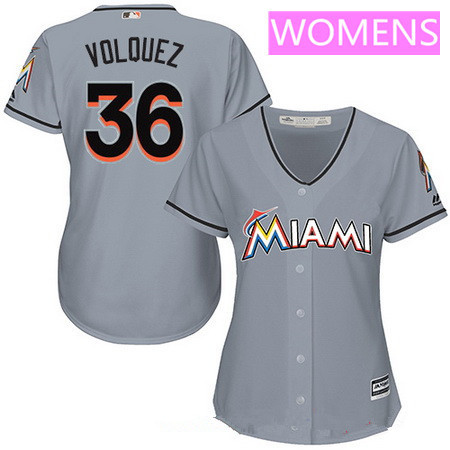 Women's Miami Marlins #36 Edinson Volquez Gray Road Stitched MLB Majestic Cool Base Jersey