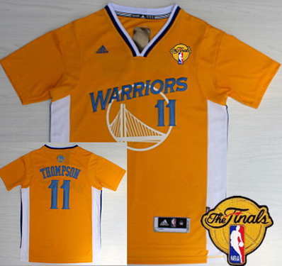 Men's Golden State Warriors #11 Klay Thompson Yellow Short-Sleeved 2017 The NBA Finals Patch Jersey