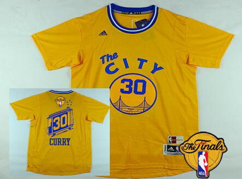 Men's Golden State Warriors #30 Stephen Curry 2015-16 Retro Yellow Short-Sleeve 2017 The NBA Finals Patch Jersey