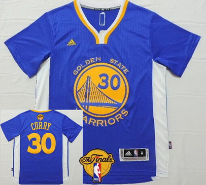 Men's Golden State Warriors #30 Stephen Curry Blue Short-Sleeved White 2017 The NBA Finals Patch Jersey