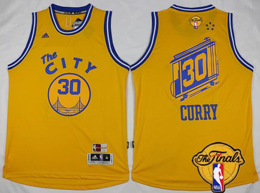 Men's Golden State Warriors #30 Stephen Curry 2015-16 Retro Yellow 2017 The NBA Finals Patch Jersey