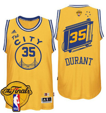 Men's Warriors #35 Kevin Durant Gold Throwback The City 2017 The Finals Patch Stitched NBA Jersey